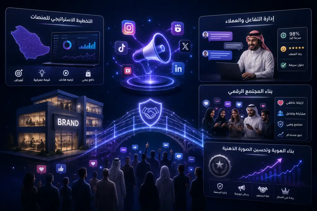 شركة إدارة منصات التواصل الاجتماعي في السعودية. نُدير حساباتك على إنستجرام، تيك توك، سناب شات، X وLinkedIn باستراتيجية مدروسة تبني مجتمعاً رقمياً وفياً حول علامتك التجارية.